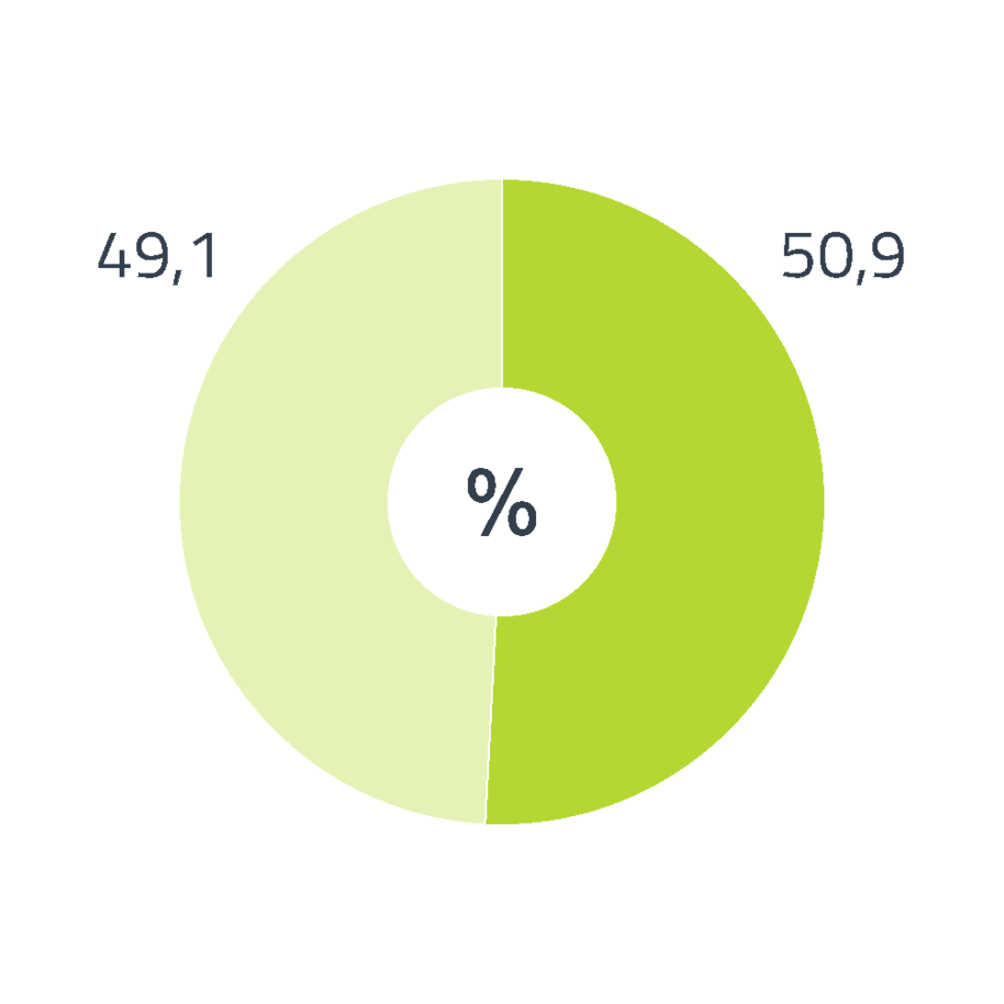 Tortendiagramm zum Energieträgermix der Stromtarife Naturstrom Planbar, Basis und Flexibel. 50,9 % des Stroms stammen aus erneuerbaren Energien, gefördert nach dem EEG und 49,1 % aus erneuerbaren Energien mit Herkunftsnachweis, nicht gefördert nach dem EEG.