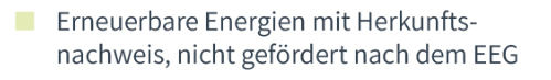 Legende zum Kreisdiagramm für den Gesamtenergieträgermix der SachsenEnergie Versorgung GmbH. Nur ein hellgrünes Kästchen für Strom aus erneuerbaren Energien mit Herkunftsnachweis, nicht gefördert nach dem EEG.